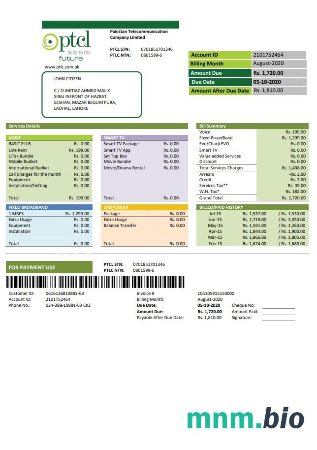 Pakistan PTCL rachunek za media szablon w formacie Word i PDF